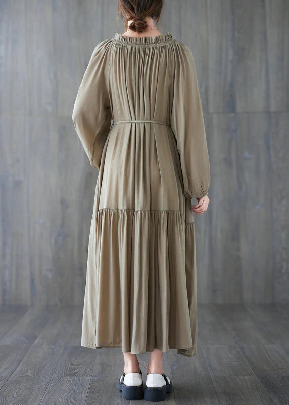 French Khaki O-Neck Patchwork Wrinkled Long Dresses Long Sleeve - Image 5