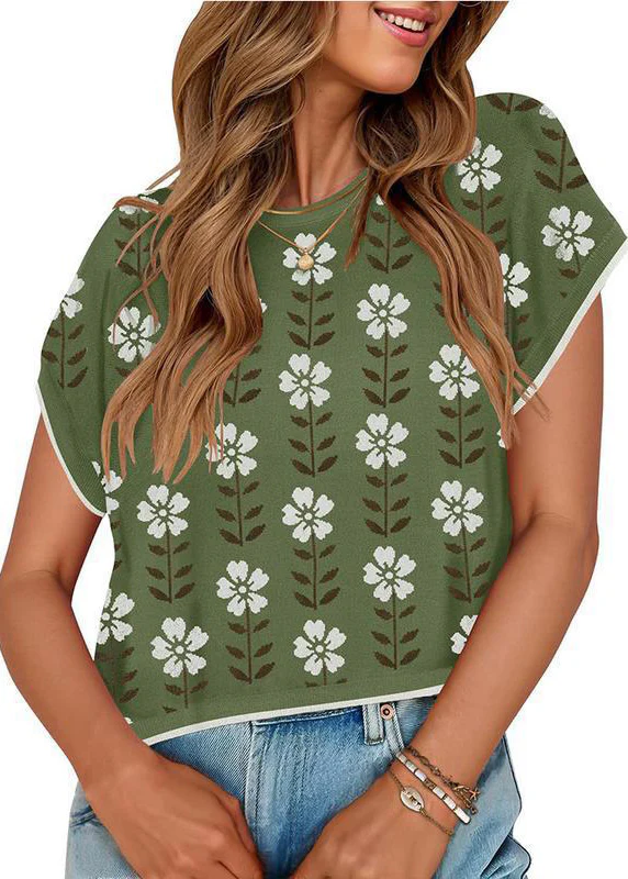 French Khaki O Neck Print Knit Tops Summer - Image 3