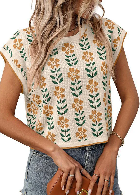 French Khaki O Neck Print Knit Tops Summer - Image 4