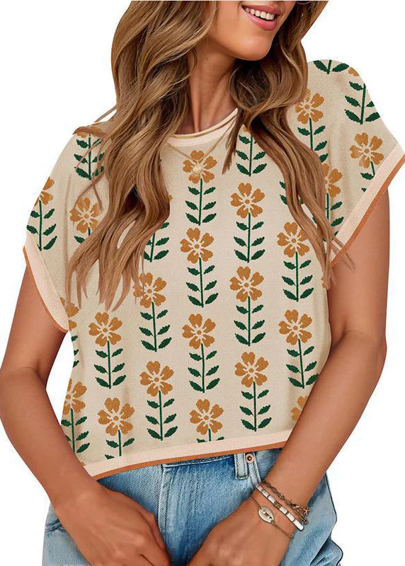 French Khaki O Neck Print Knit Tops Summer - Image 5