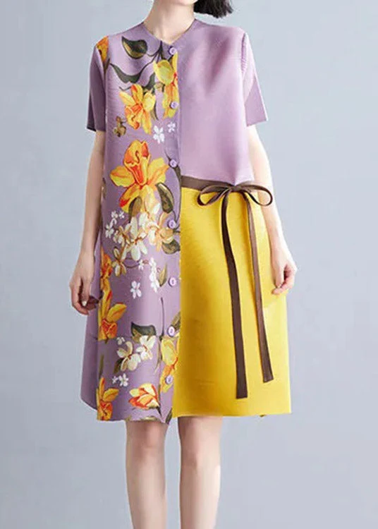 French Khaki O-Neck Print Patchwork Wrinkled Tie Waist Mid Dresses Summer - Image 2
