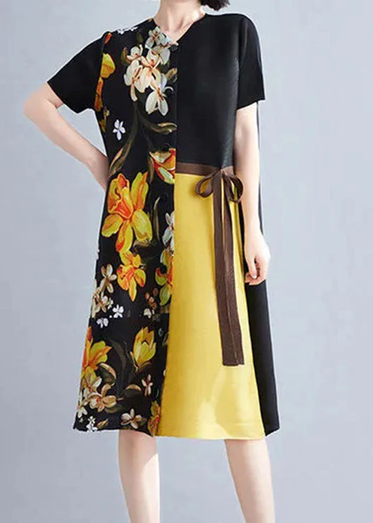 French Khaki O-Neck Print Patchwork Wrinkled Tie Waist Mid Dresses Summer - Image 4