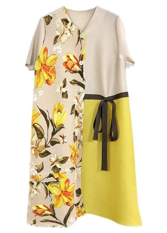 French Khaki O-Neck Print Patchwork Wrinkled Tie Waist Mid Dresses Summer - Image 5