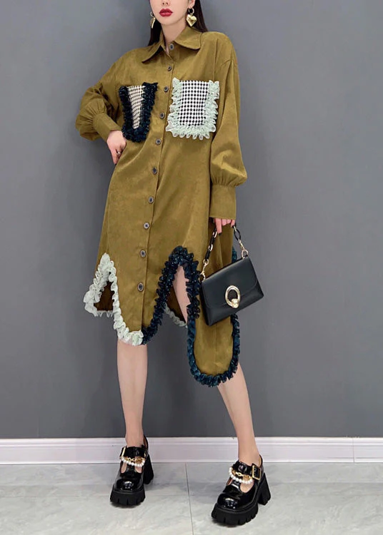 French Khaki Peter Pan Collar Patchwork Button Long Shirts Dress Spring - Image 2