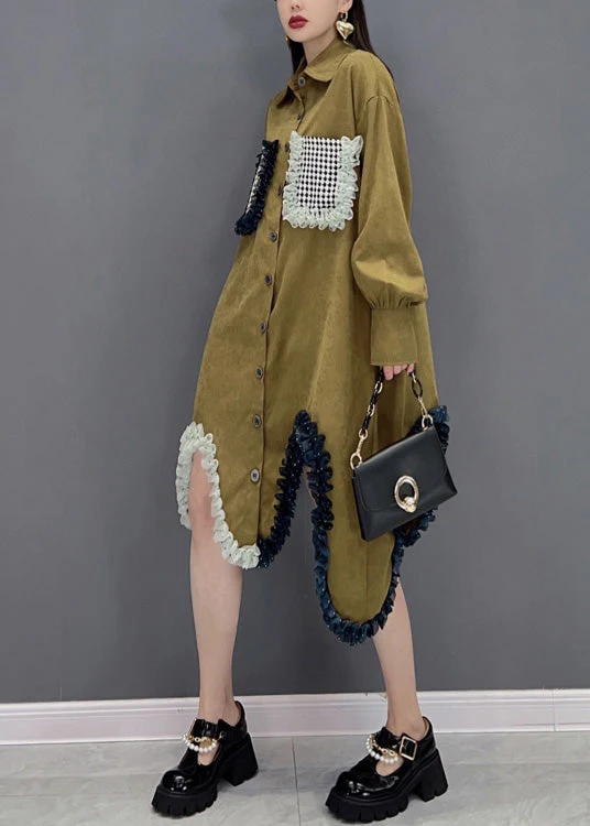 French Khaki Peter Pan Collar Patchwork Button Long Shirts Dress Spring - Image 3