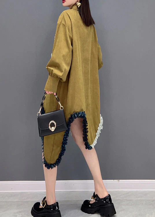 French Khaki Peter Pan Collar Patchwork Button Long Shirts Dress Spring - Image 4