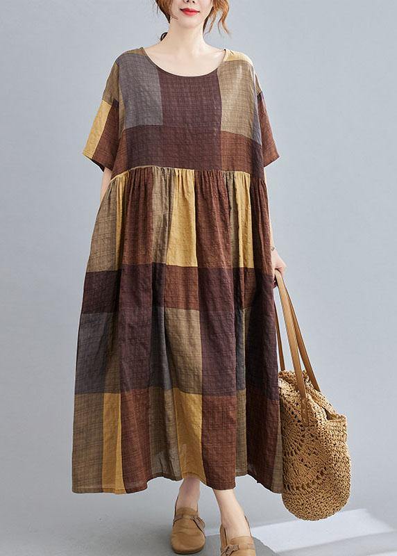 French Khaki Plaid Patchwork Summer Casual Half Sleeve Holiday Dress