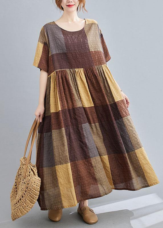 French Khaki Plaid Patchwork Summer Casual Half Sleeve Holiday Dress - Image 2