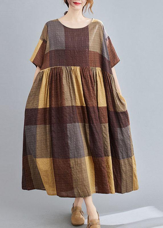 French Khaki Plaid Patchwork Summer Casual Half Sleeve Holiday Dress - Image 3