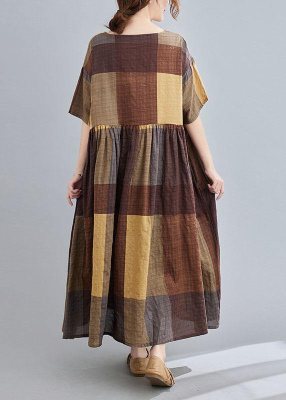 French Khaki Plaid Patchwork Summer Casual Half Sleeve Holiday Dress - Image 4