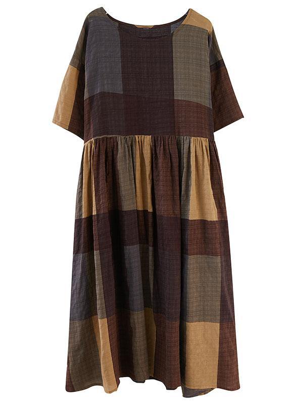 French Khaki Plaid Patchwork Summer Casual Half Sleeve Holiday Dress - Image 5