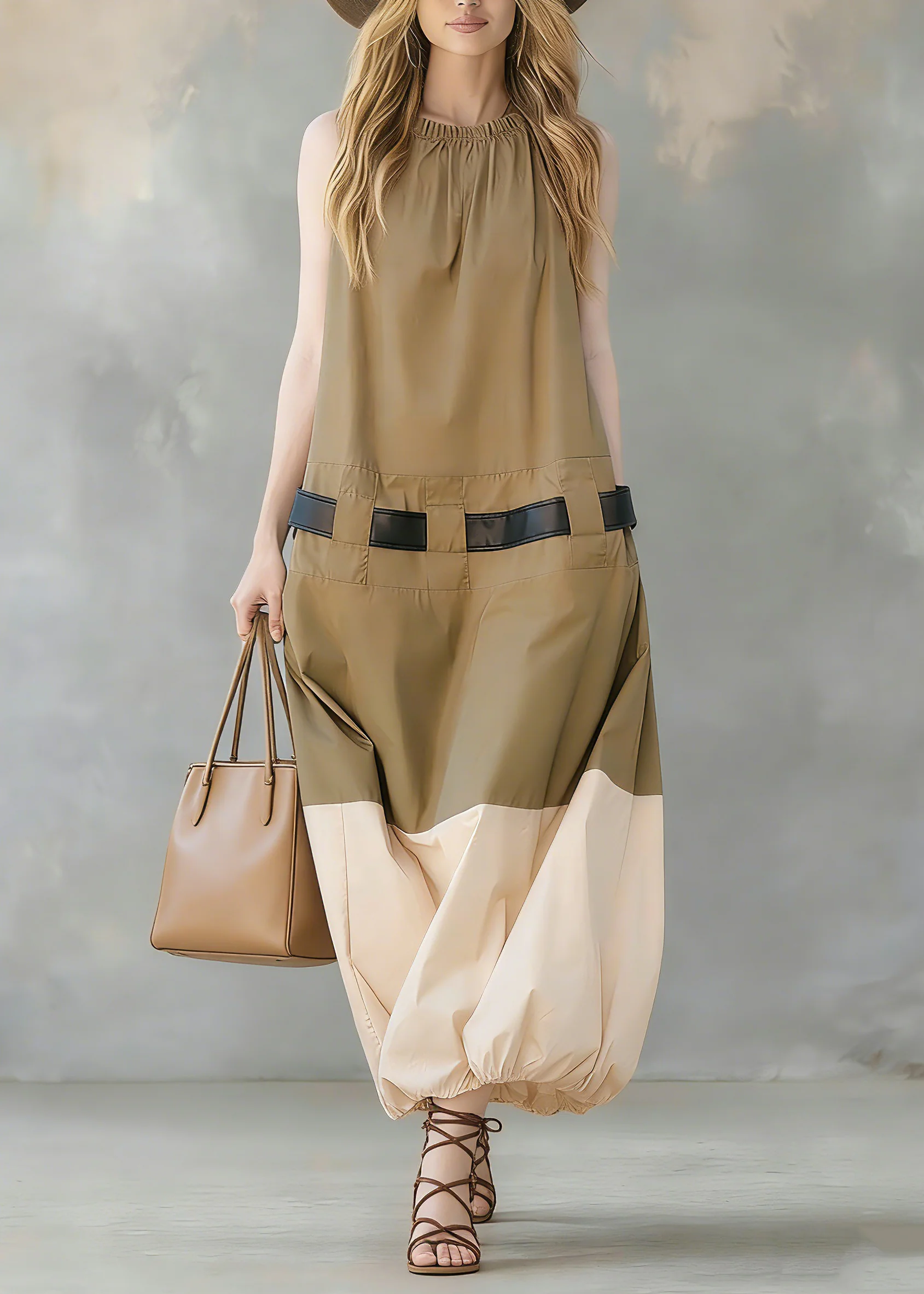 French Khaki Pockets Patchwork Cotton Dress Sleeveless - Image 5