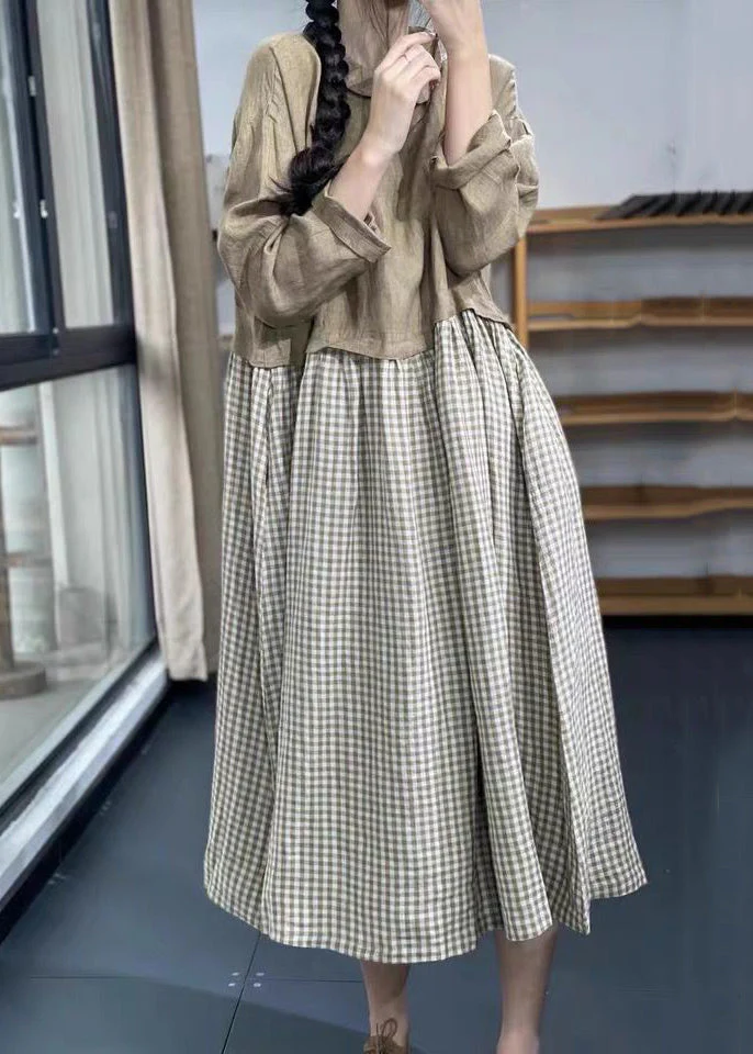 French Khaki Pockets Patchwork Linen Long Dresses Spring - Image 2