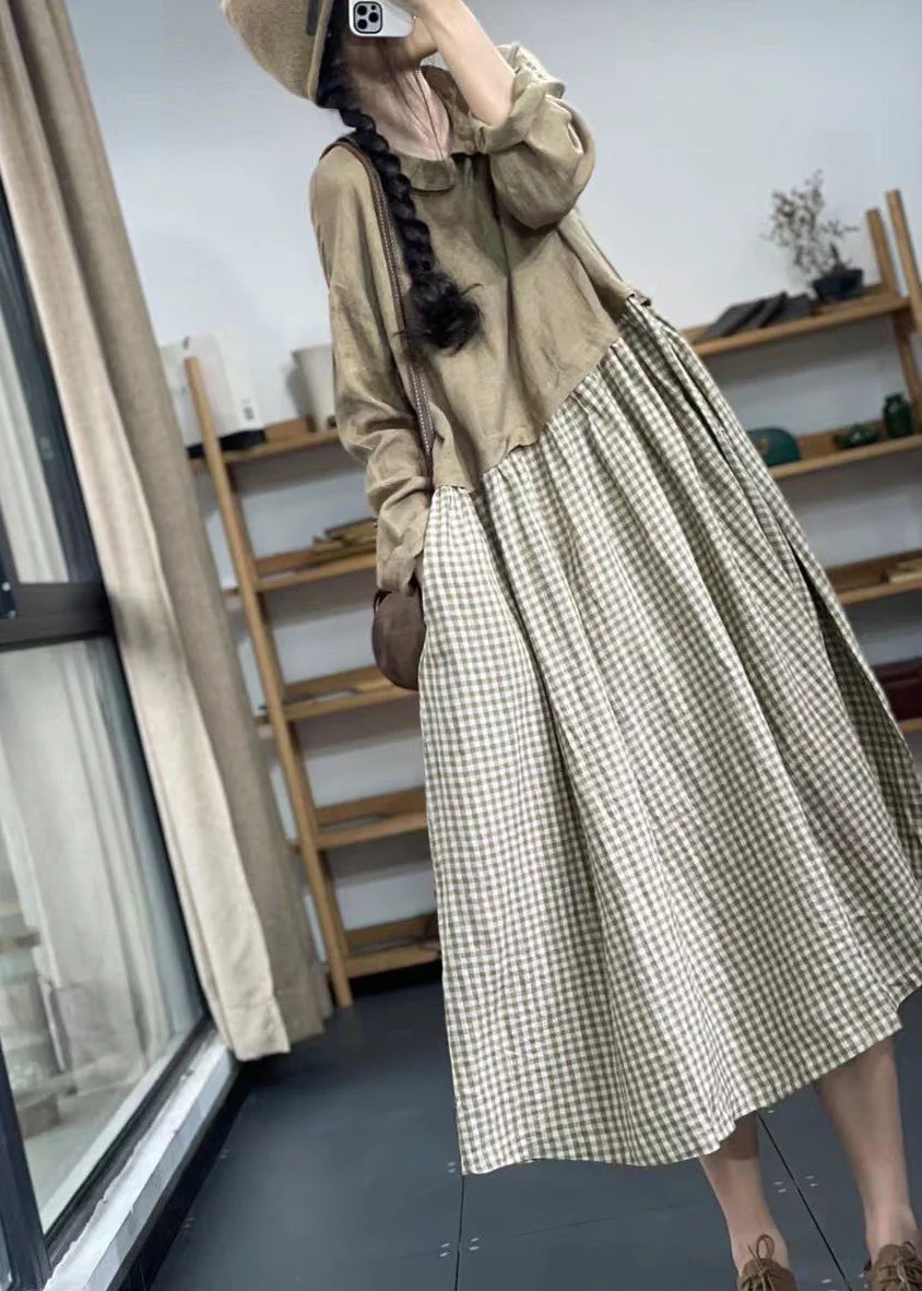 French Khaki Pockets Patchwork Linen Long Dresses Spring - Image 3