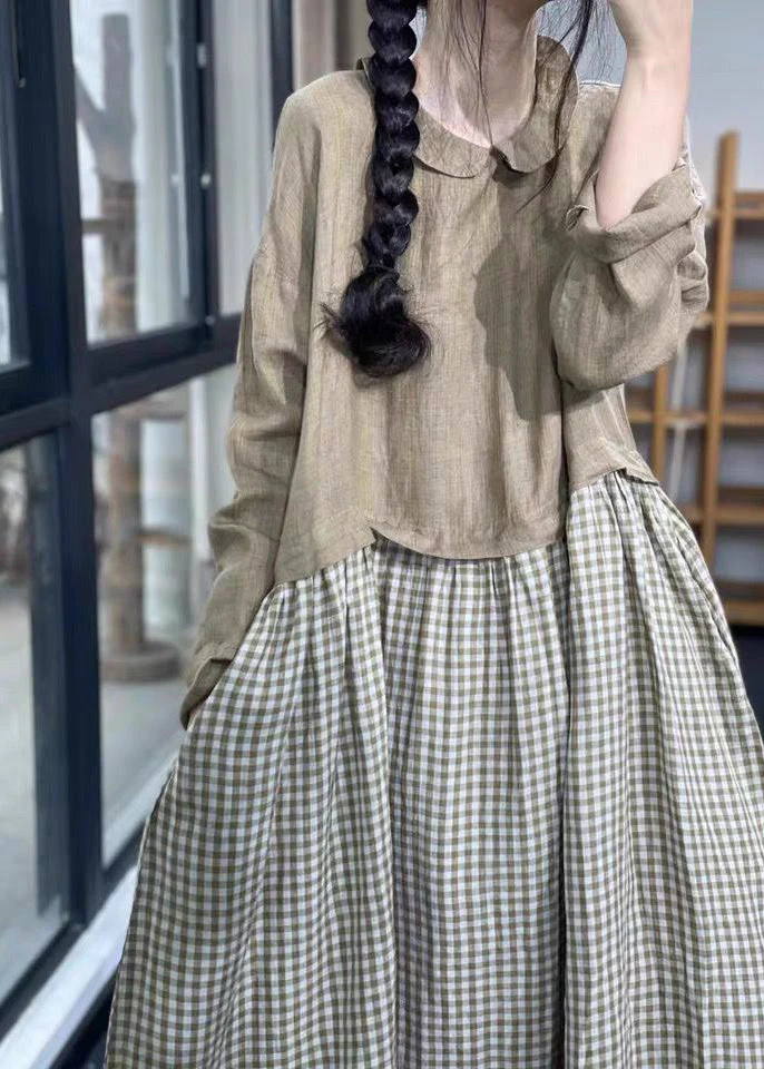 French Khaki Pockets Patchwork Linen Long Dresses Spring - Image 4