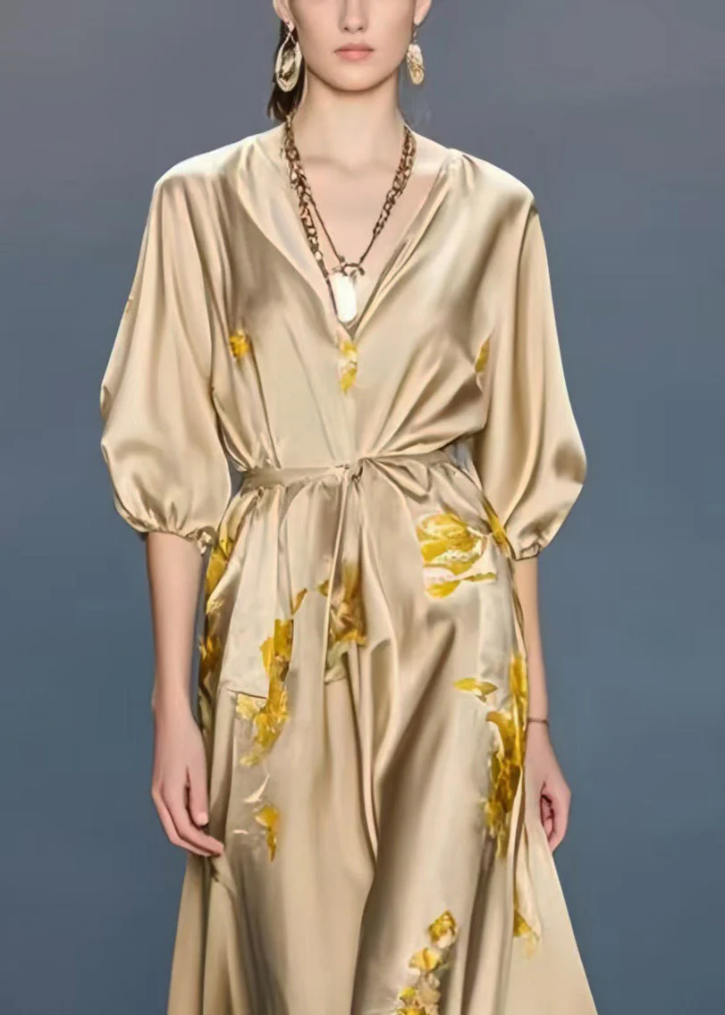 French Khaki Print Draping Silk Party Dress Summer - Image 2