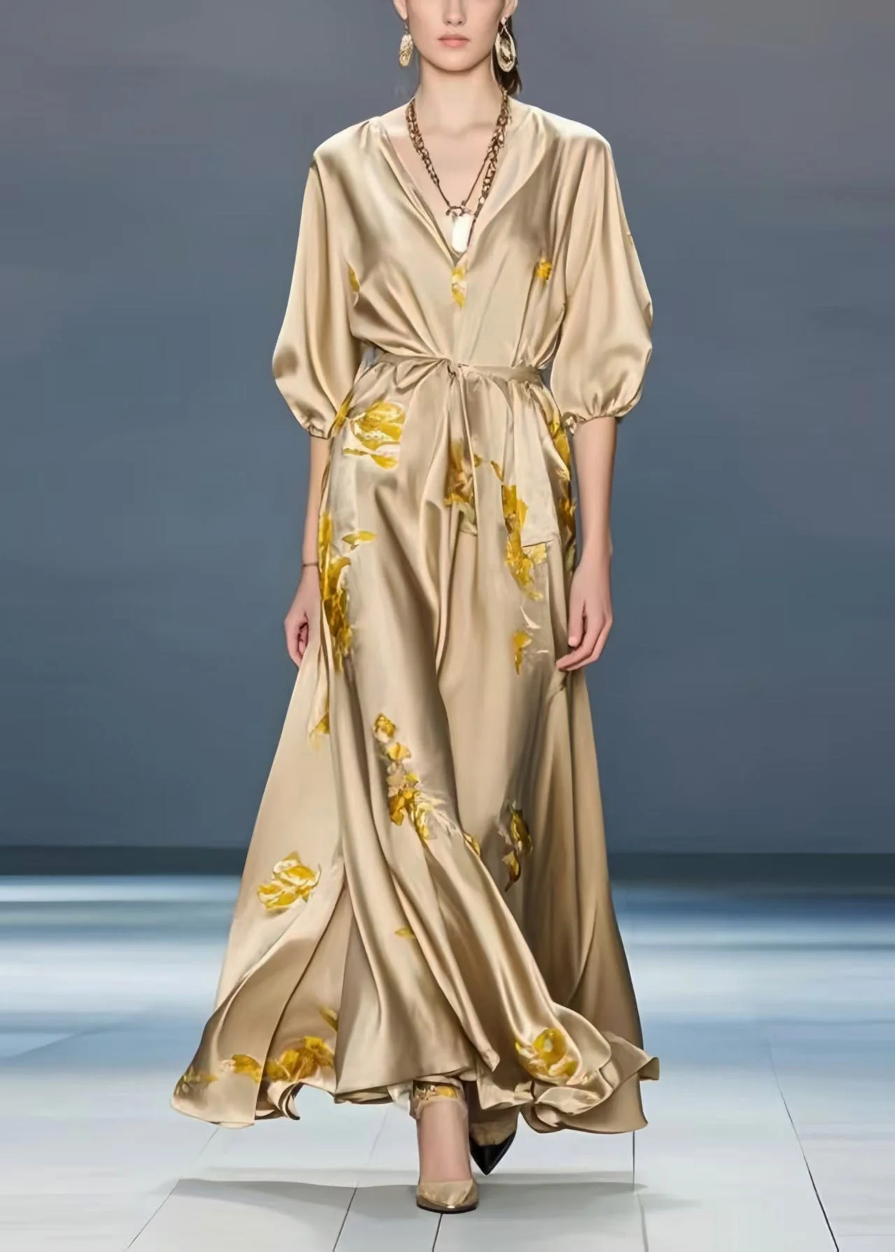 French Khaki Print Draping Silk Party Dress Summer - Image 3