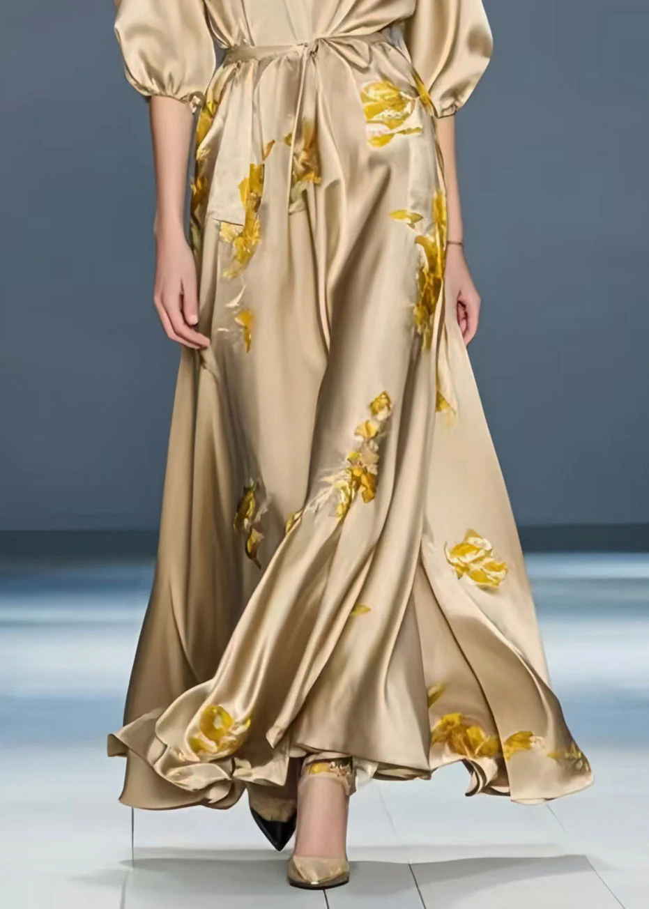 French Khaki Print Draping Silk Party Dress Summer - Image 4
