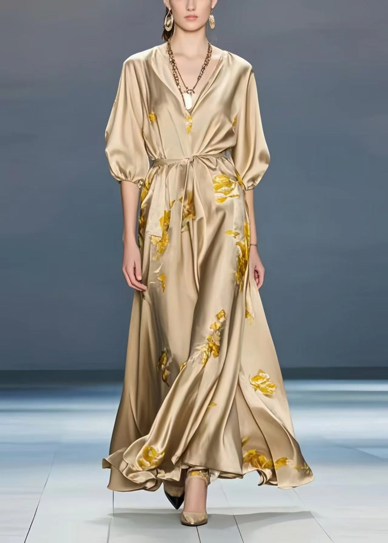 French Khaki Print Draping Silk Party Dress Summer - Image 5