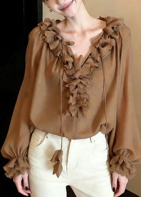 French Khaki Ruffled Lace Up Chiffon Shirts Spring - Image 3
