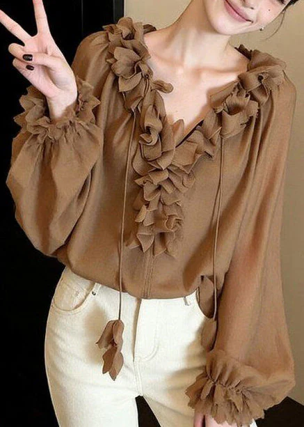 French Khaki Ruffled Lace Up Chiffon Shirts Spring - Image 4