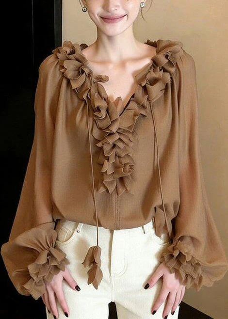 French Khaki Ruffled Lace Up Chiffon Shirts Spring - Image 5