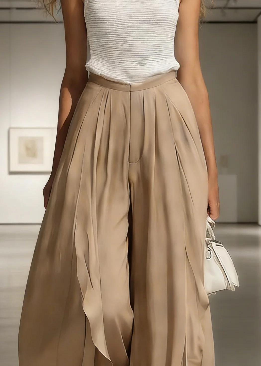 French Khaki Side Open High Waist Cotton Wide Leg Pants Summer - Image 2