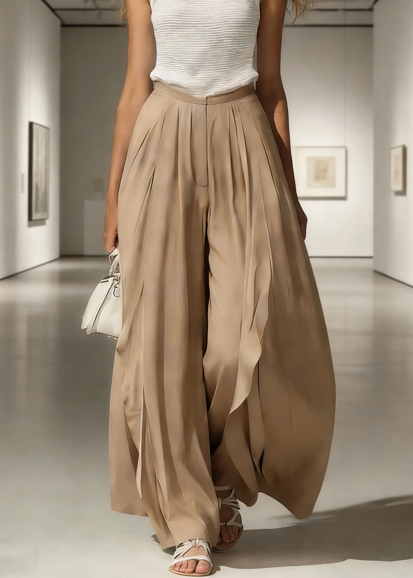 French Khaki Side Open High Waist Cotton Wide Leg Pants Summer - Image 3