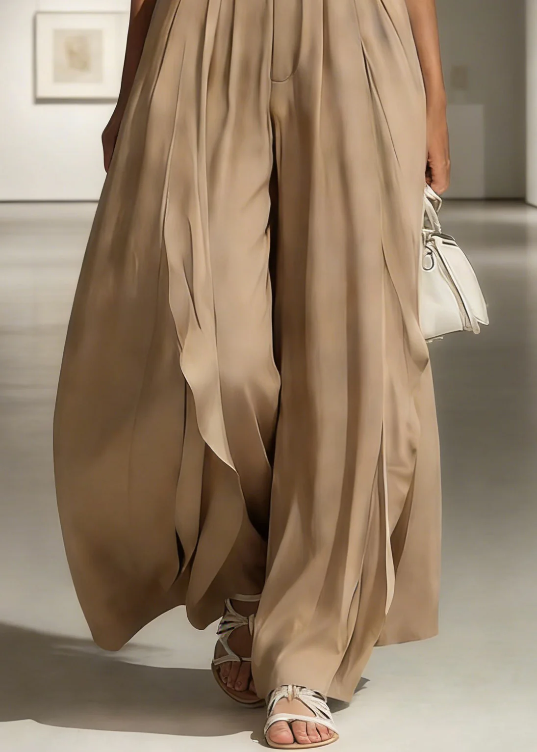 French Khaki Side Open High Waist Cotton Wide Leg Pants Summer - Image 4