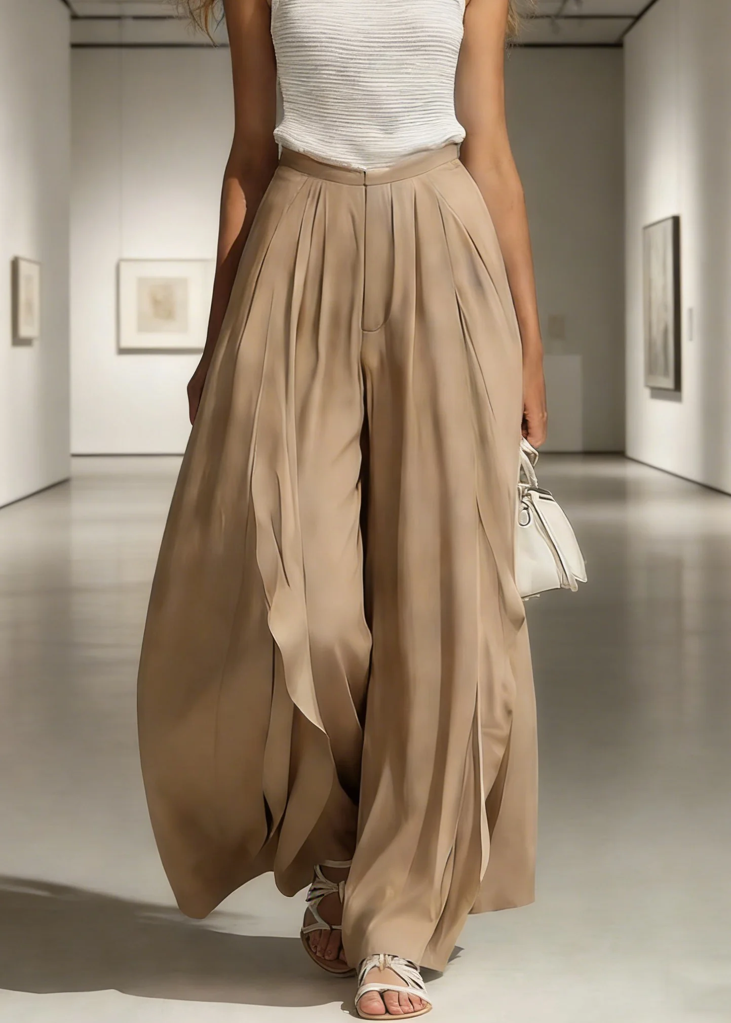 French Khaki Side Open High Waist Cotton Wide Leg Pants Summer - Image 5