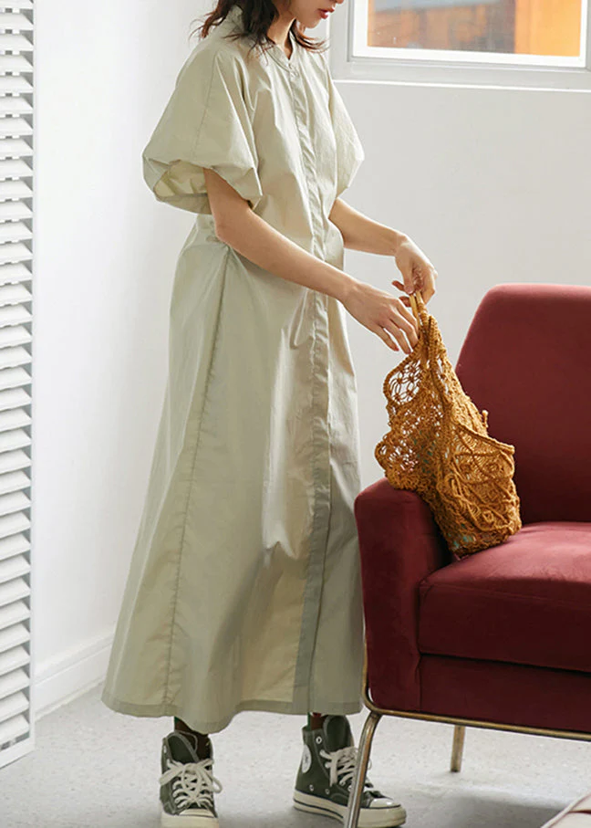 French Khaki Stand Collar Slim Cotton Long Dress Short Sleeve - Image 3