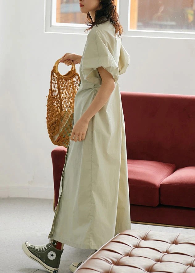 French Khaki Stand Collar Slim Cotton Long Dress Short Sleeve - Image 4