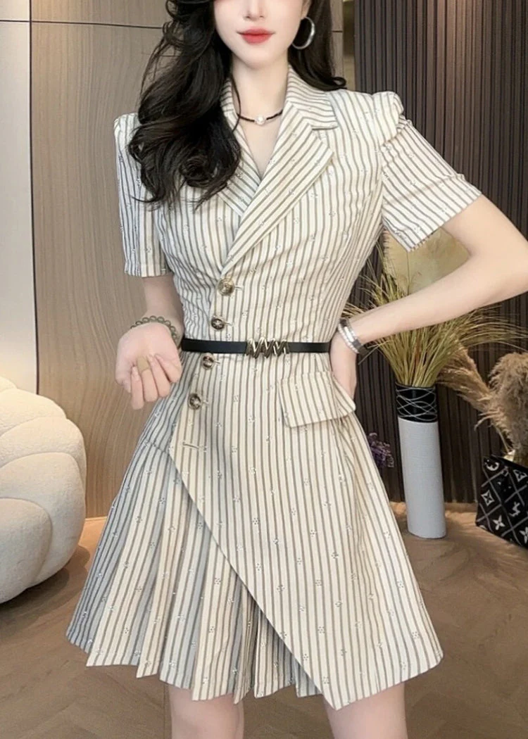 French Khaki Striped Asymmetrical Cotton Mid Dress Summer - Image 4