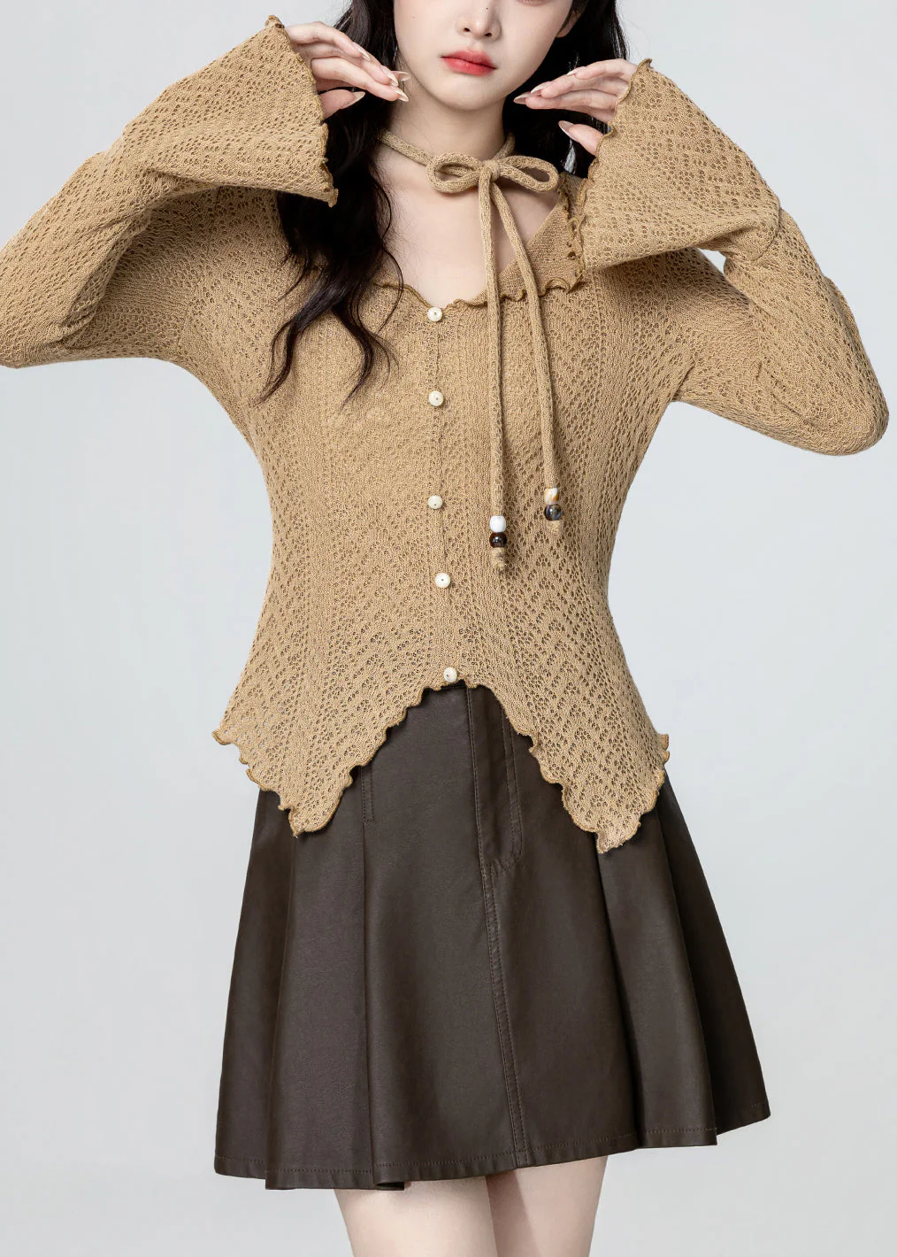 French Khaki V Neck Asymmetrical Design Knit Top Spring - Image 3