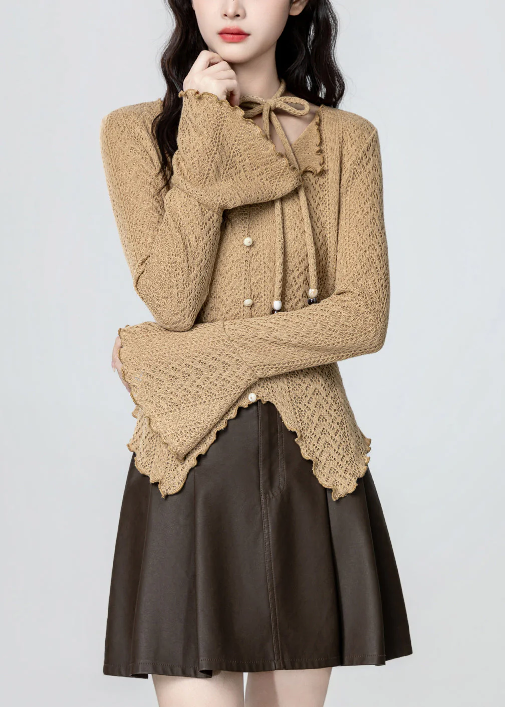 French Khaki V Neck Asymmetrical Design Knit Top Spring - Image 4