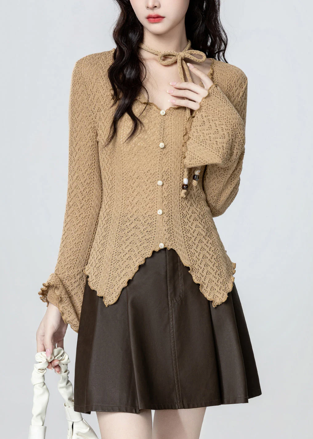 French Khaki V Neck Asymmetrical Design Knit Top Spring - Image 5