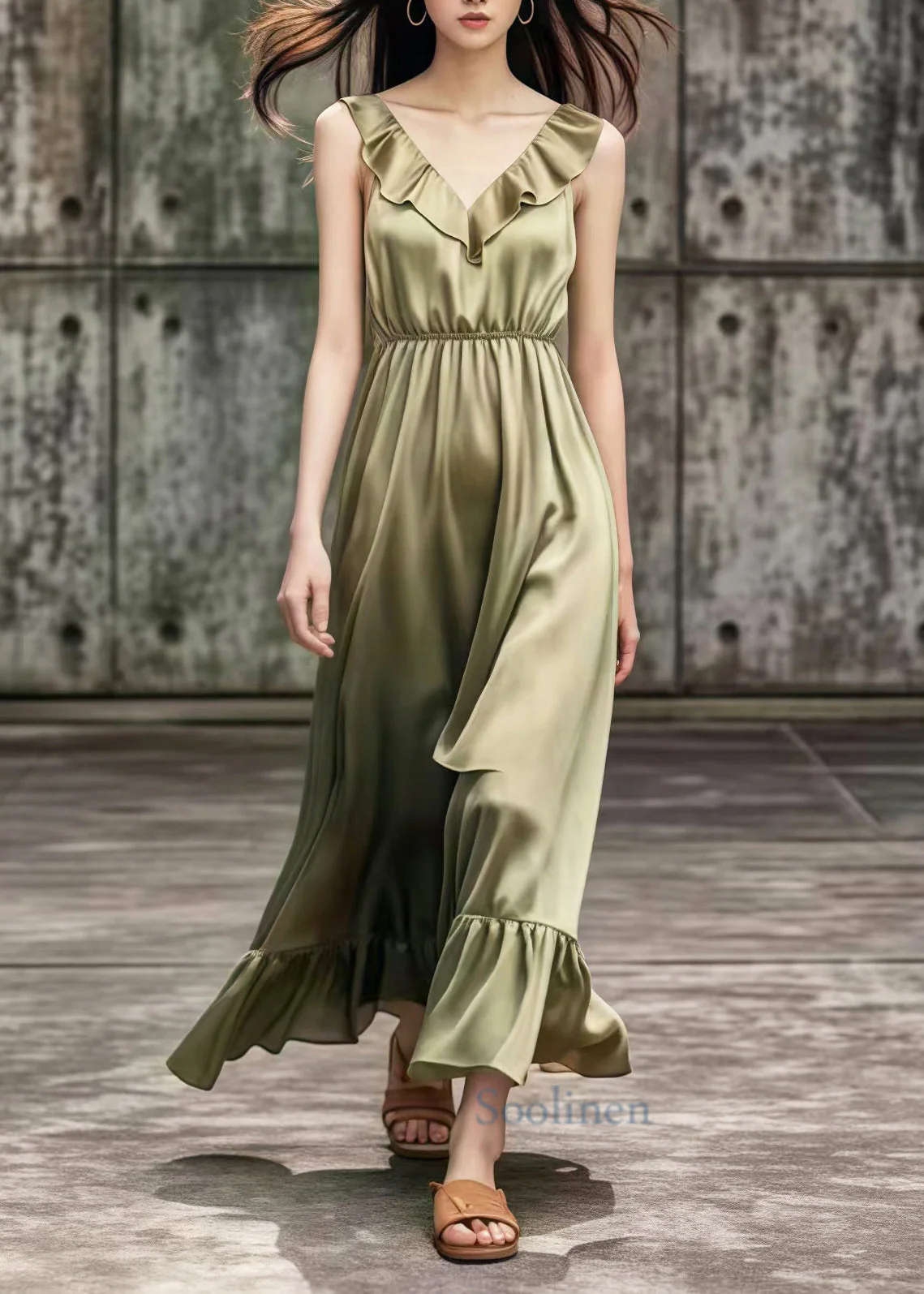 French Khaki V Neck Draping Silk Robe Dresses Summer - Image 2
