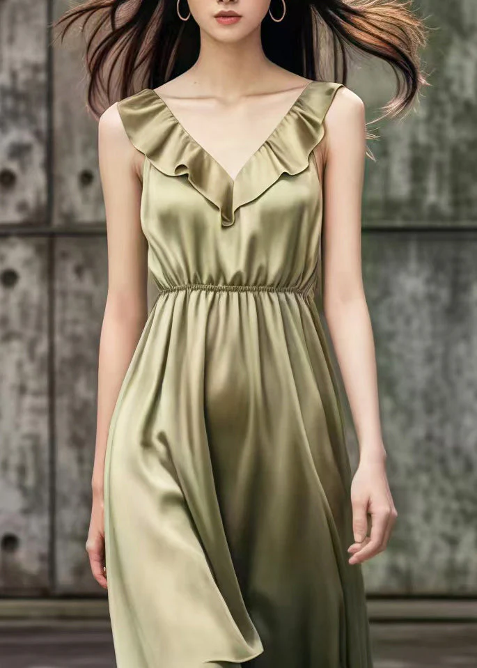 French Khaki V Neck Draping Silk Robe Dresses Summer - Image 3