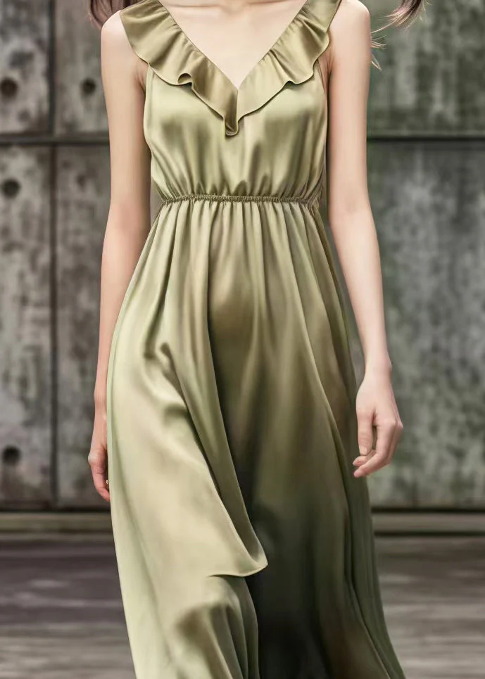 French Khaki V Neck Draping Silk Robe Dresses Summer - Image 4
