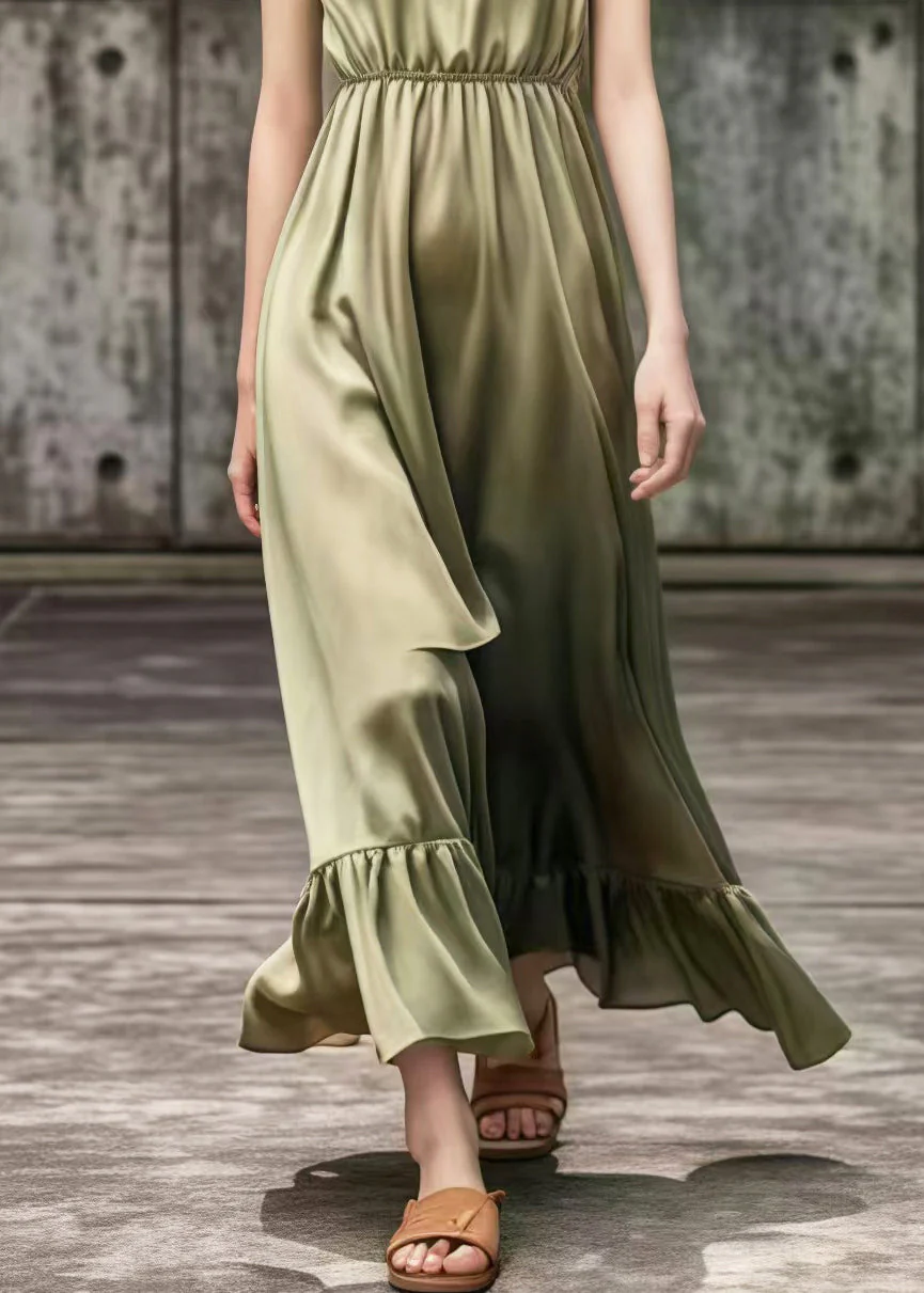 French Khaki V Neck Draping Silk Robe Dresses Summer - Image 5