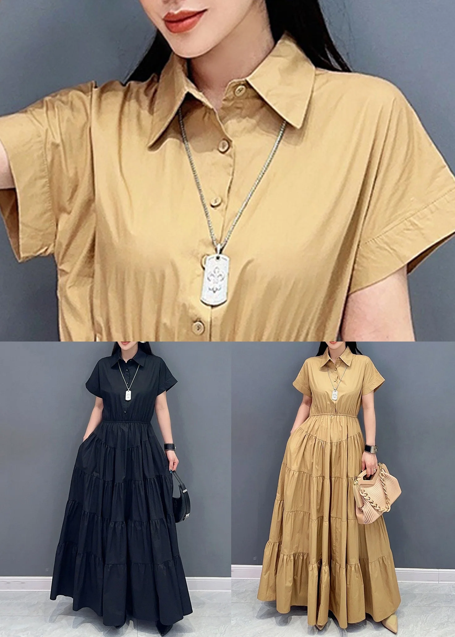 French Khaki Wrinkled Pockets Cotton Long Dresses Summer - Image 5