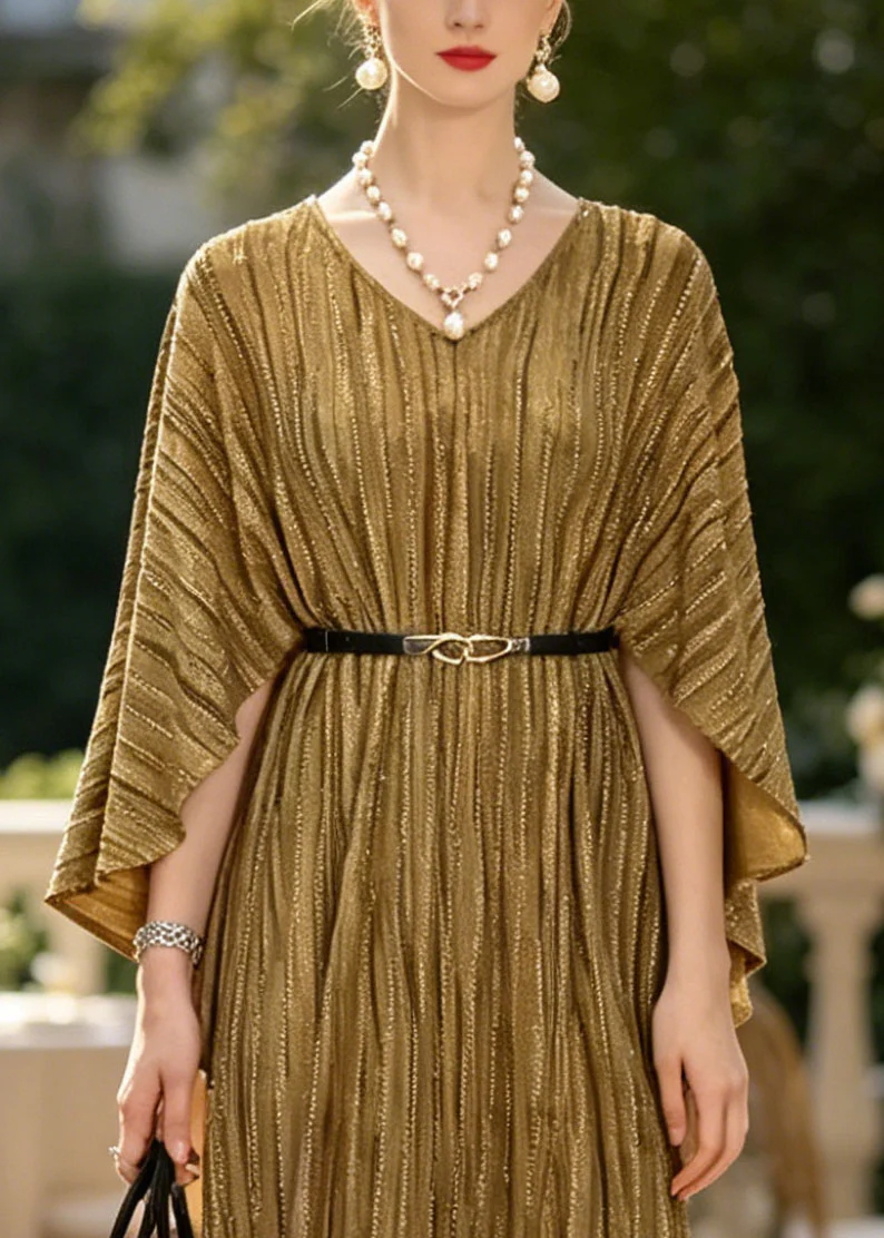 French Khaki Zircon Tunic Cotton Vacation Dresses Cloak Sleeves - Image 2