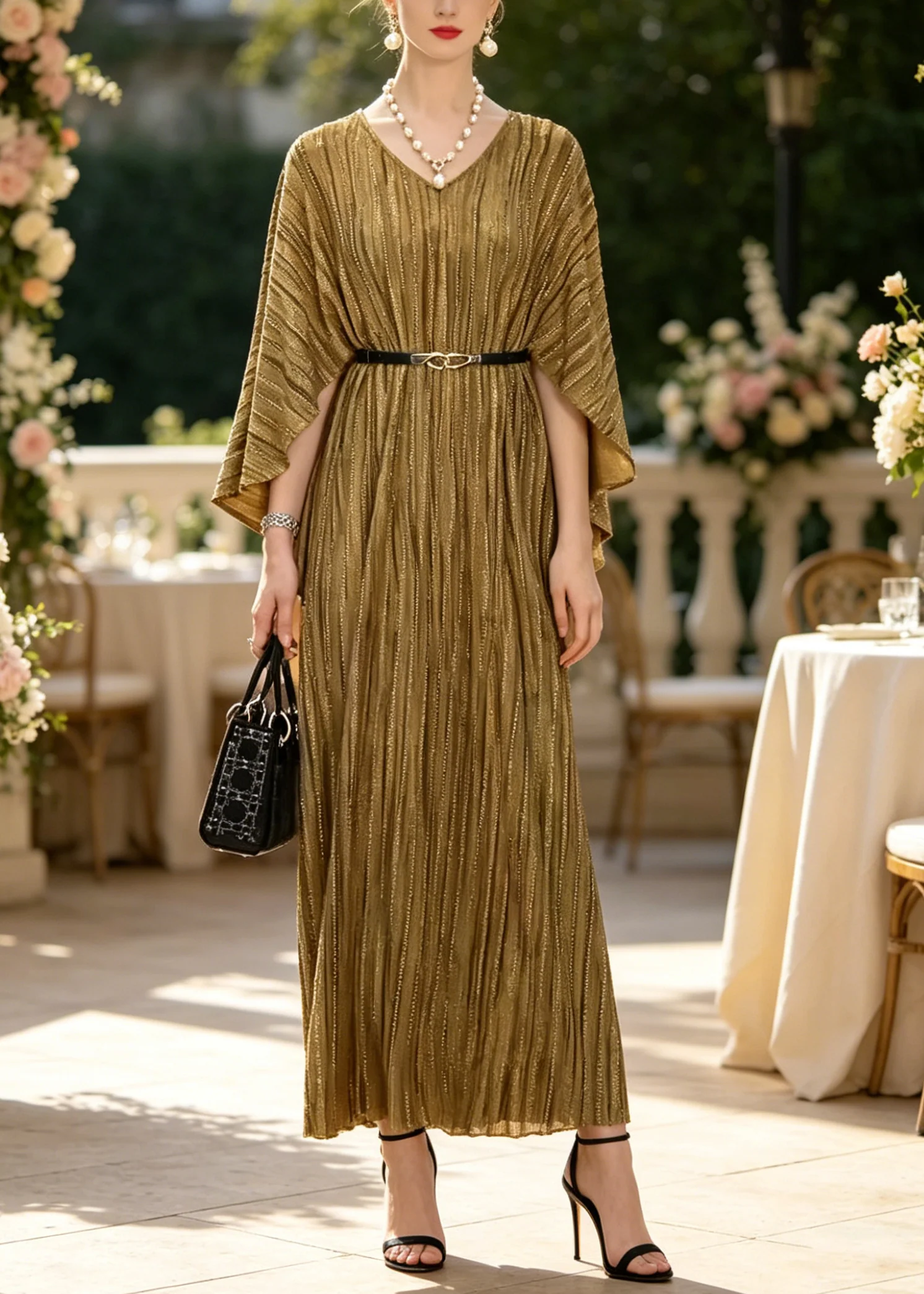 French Khaki Zircon Tunic Cotton Vacation Dresses Cloak Sleeves - Image 5