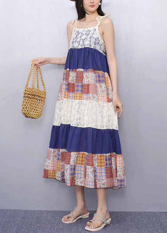 French Lace Patchwork Long Spaghetti Strap Dress Summer - Image 2