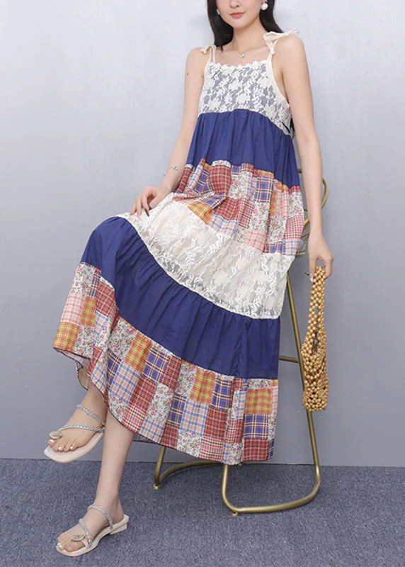 French Lace Patchwork Long Spaghetti Strap Dress Summer - Image 3