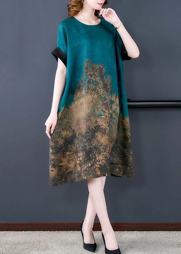 French Lake Blue O Neck Print Patchwork Silk Dress Summer - Image 4