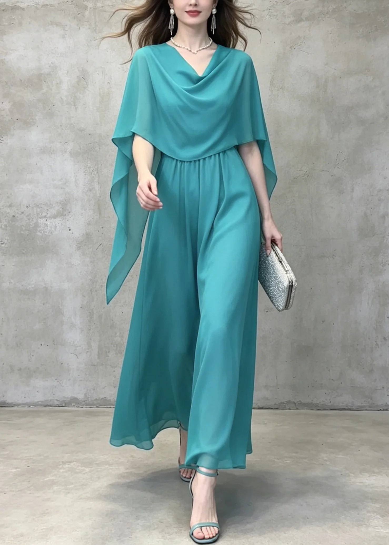 French Lake Blue Patchwork Chiffon Long Dress Summer - Image 3
