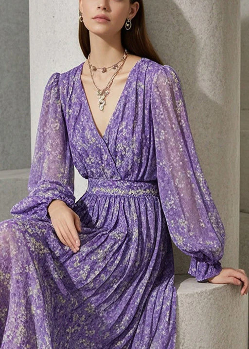 French Lavender Cinched Print blended fabric Robe Dresses Fall - Image 2