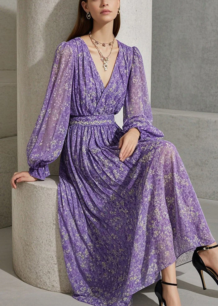 French Lavender Cinched Print blended fabric Robe Dresses Fall - Image 3