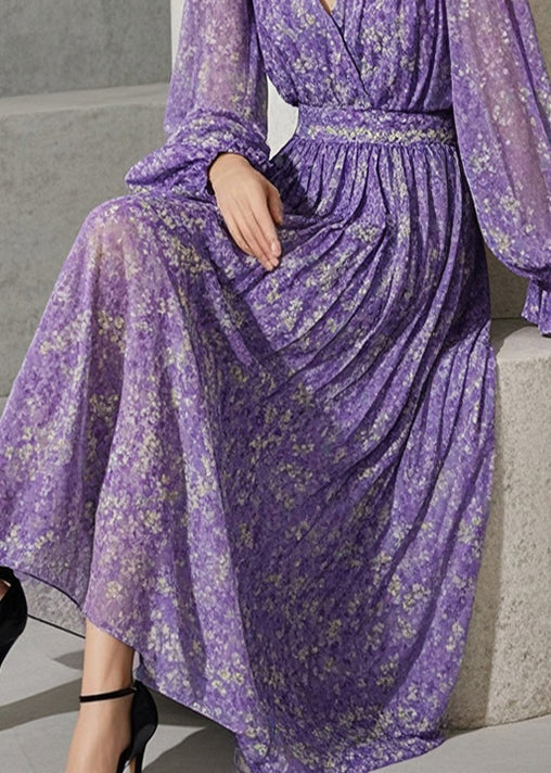 French Lavender Cinched Print blended fabric Robe Dresses Fall - Image 4